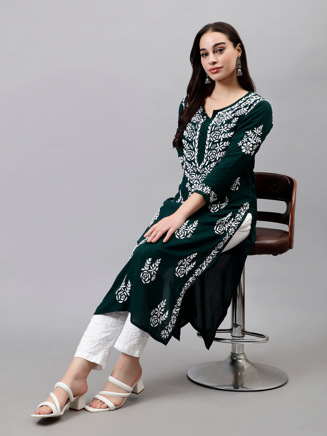 Dark-Green-Modal-Hand-Embroidered-Chikankari-Kurti