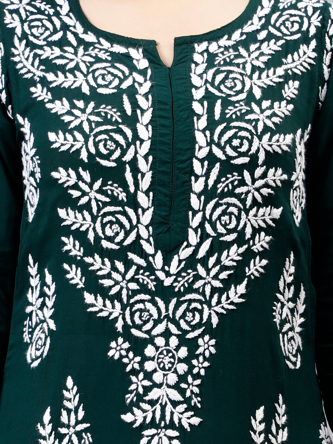 Dark-Green-Modal-Hand-Embroidered-Chikankari-Kurti