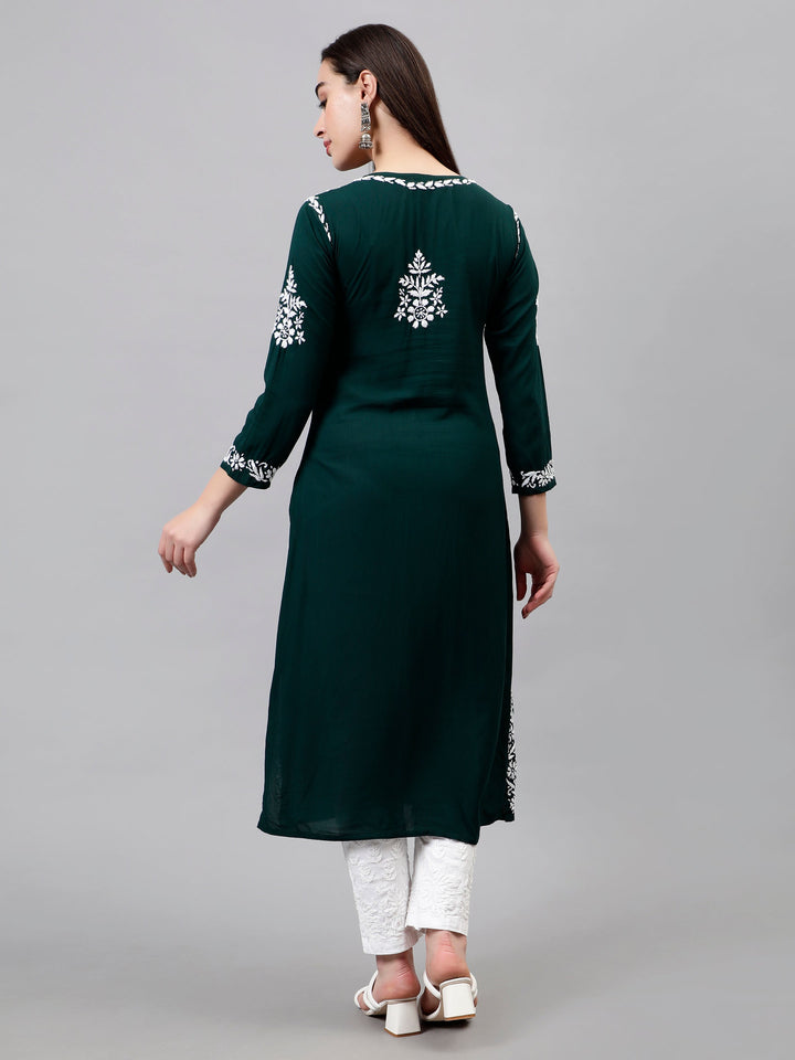 Dark-Green-Modal-Hand-Embroidered-Chikankari-Kurti