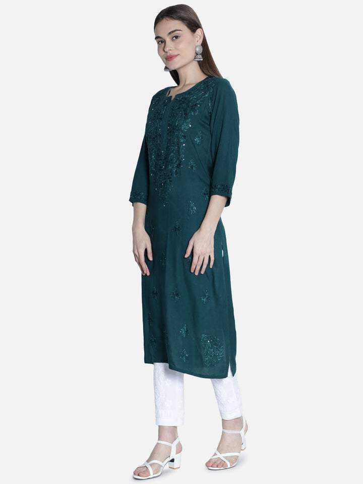 Dark Green Rayon Chikan Kurta with Muqaish Work