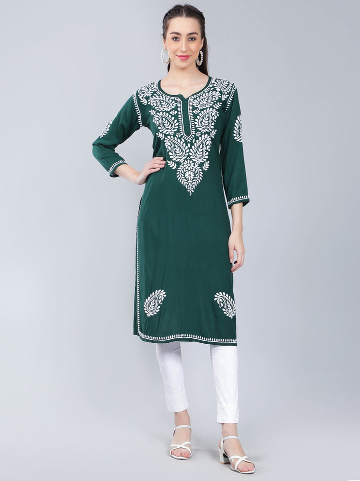 Dark-Green-Rayon-Kurta-with-White-Chikan-Work