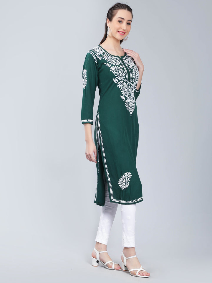 Dark-Green-Rayon-Kurta-with-White-Chikan-Work