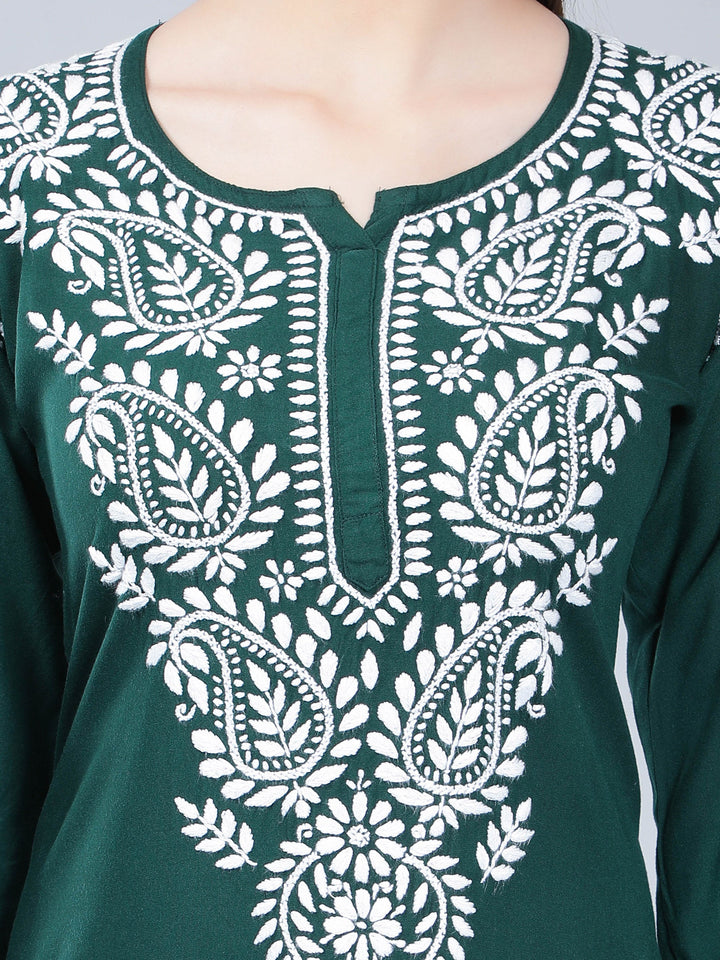 Dark-Green-Rayon-Kurta-with-White-Chikan-Work