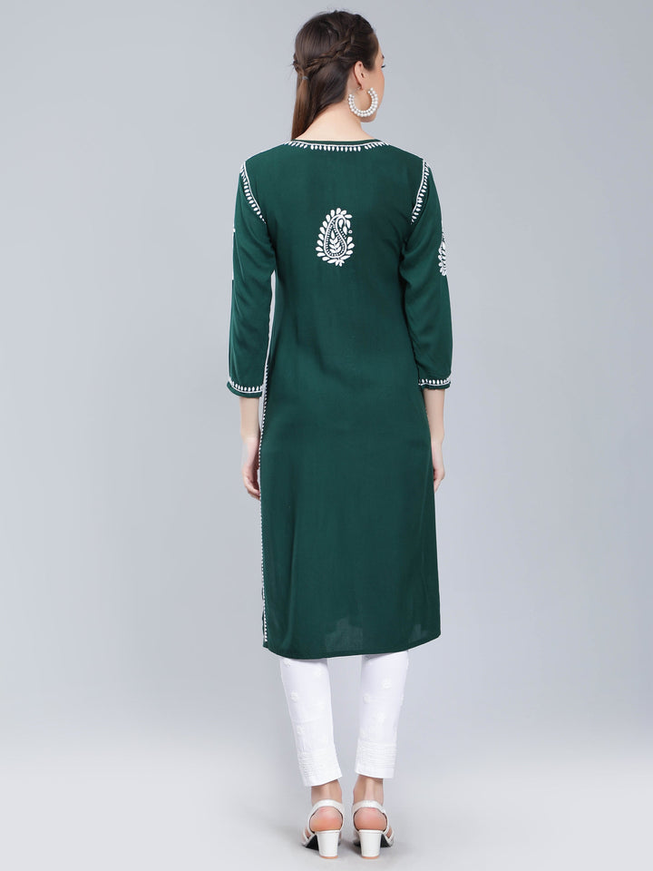 Dark-Green-Rayon-Kurta-with-White-Chikan-Work