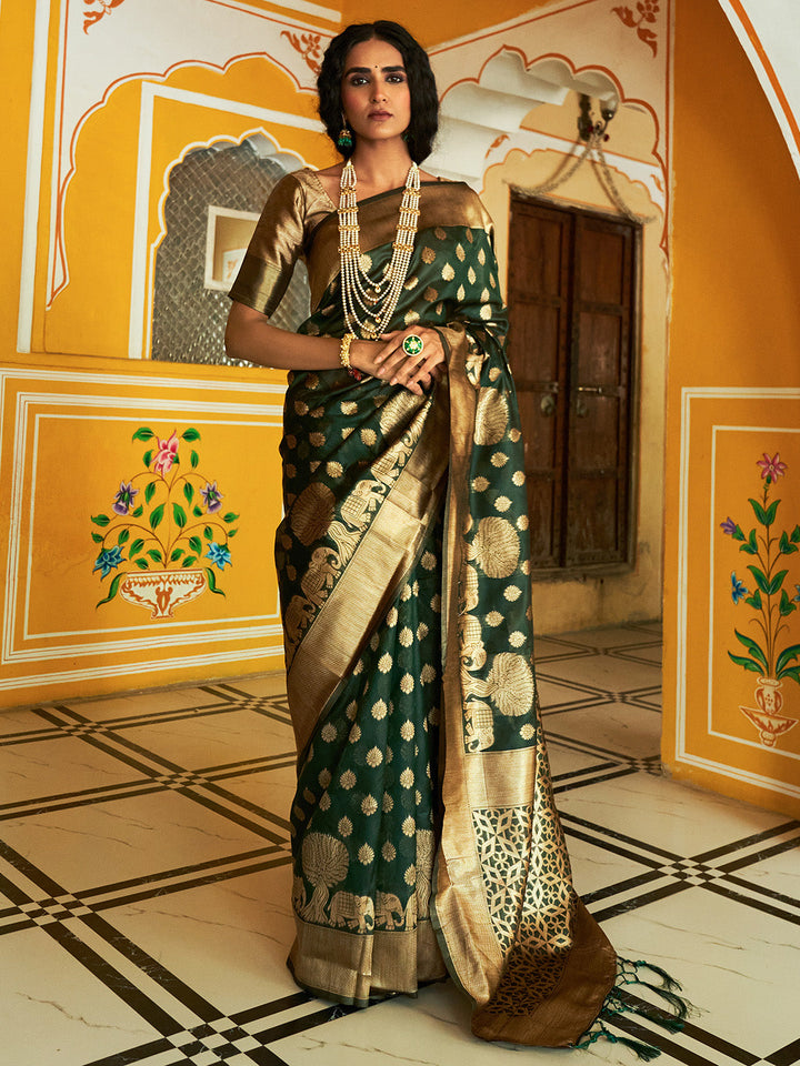 Dark Green Woven Ethnic Motifs Kanjeevaram Organza Festive Saree