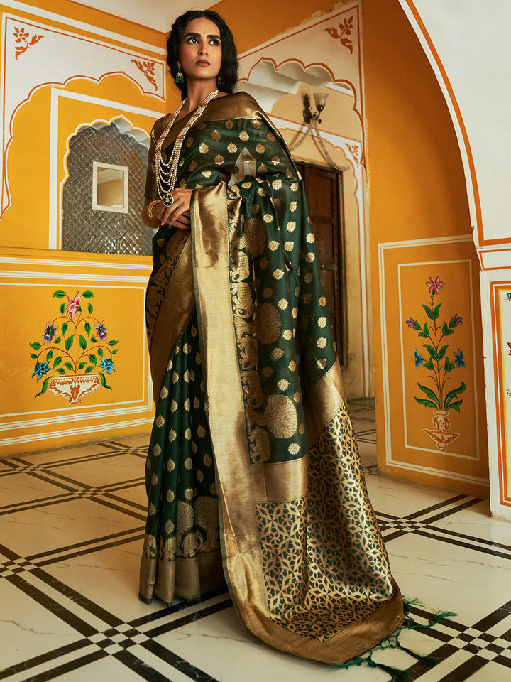 Dark Green Woven Ethnic Motifs Kanjeevaram Organza Festive Saree