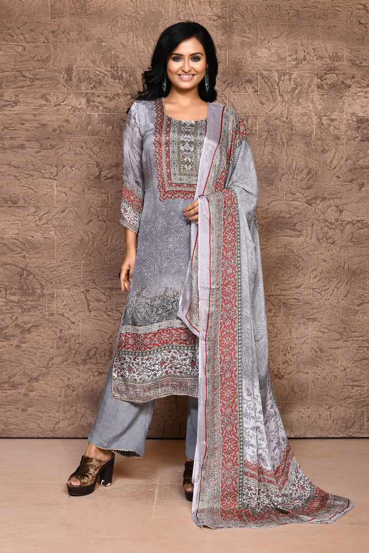 Dark Grey Crepe Georgette Shiny Textured Printed Kurta Set