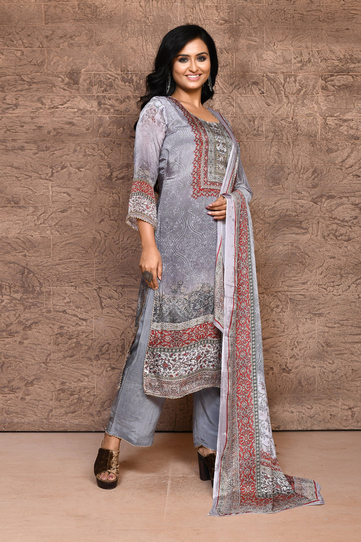 Dark Grey Crepe Georgette Shiny Textured Printed Kurta Set