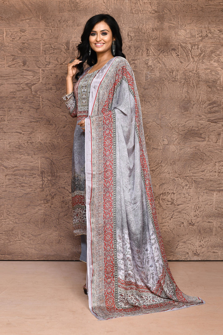 Dark Grey Crepe Georgette Shiny Textured Printed Kurta Set