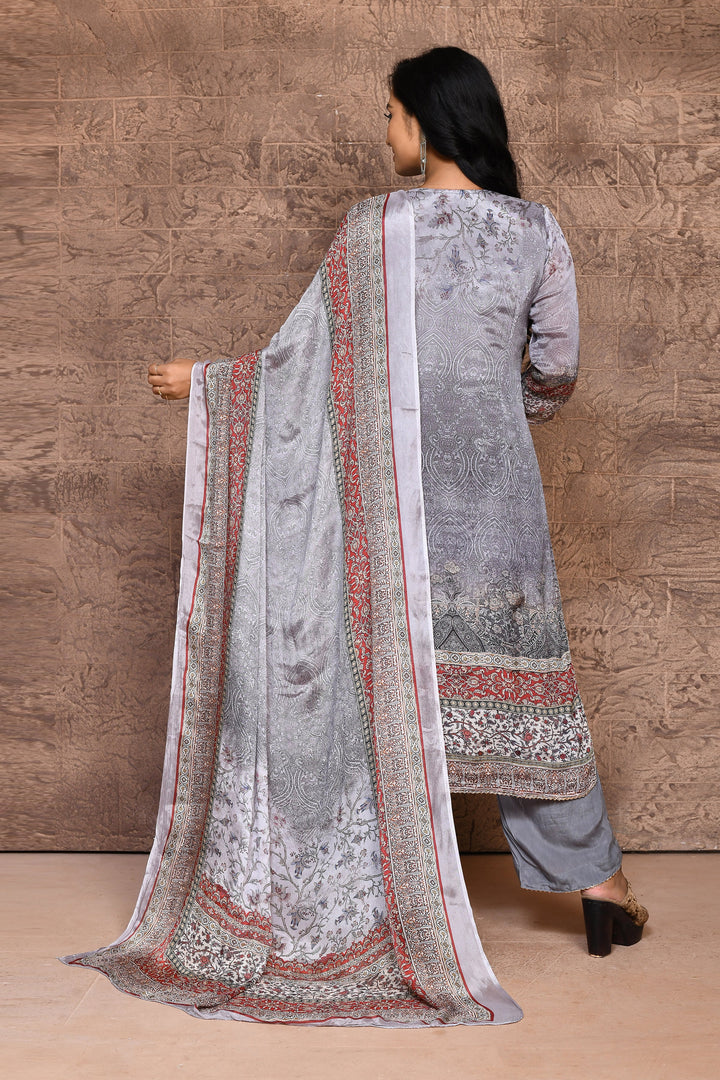 Dark Grey Crepe Georgette Shiny Textured Printed Kurta Set