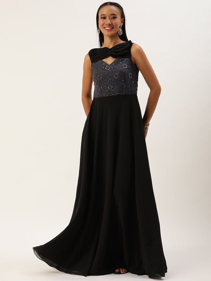 Dark Grey Embroidered & Black Twisted Drape Gown