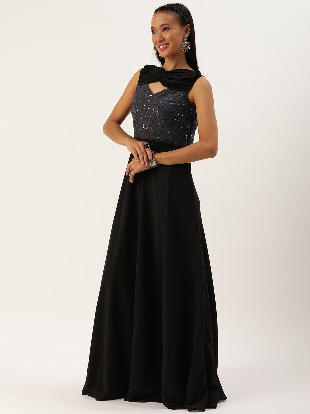 Dark Grey Embroidered & Black Twisted Drape Gown