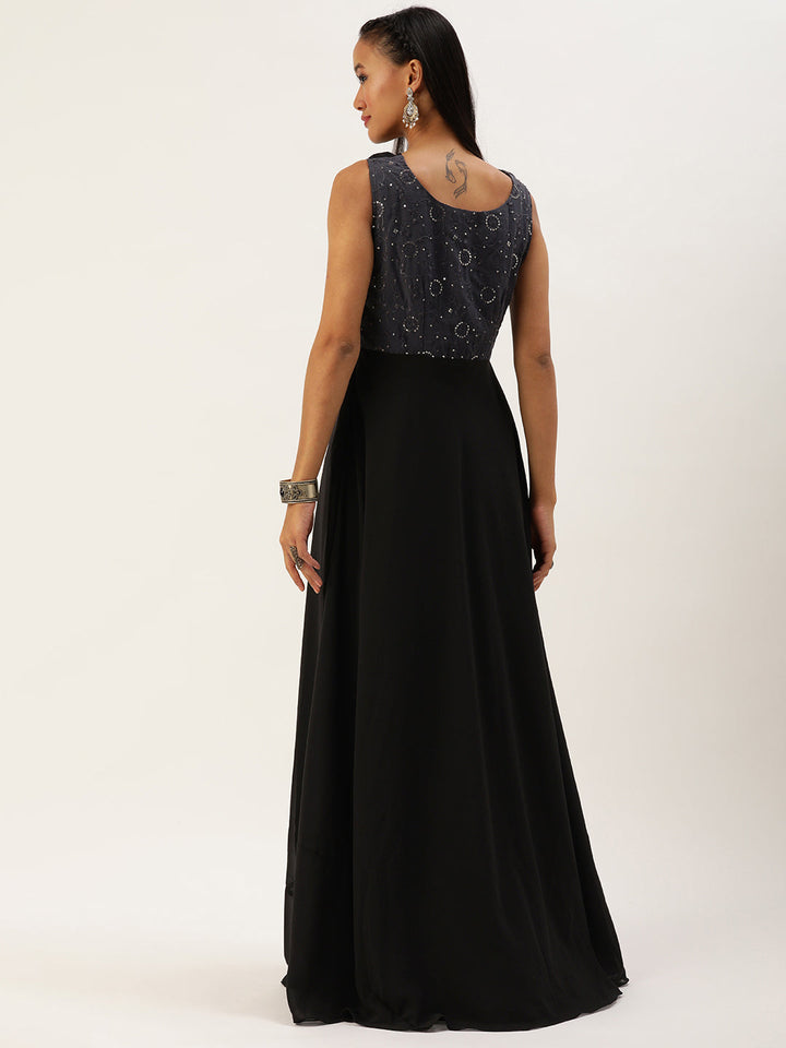 Dark Grey Embroidered & Black Twisted Drape Gown