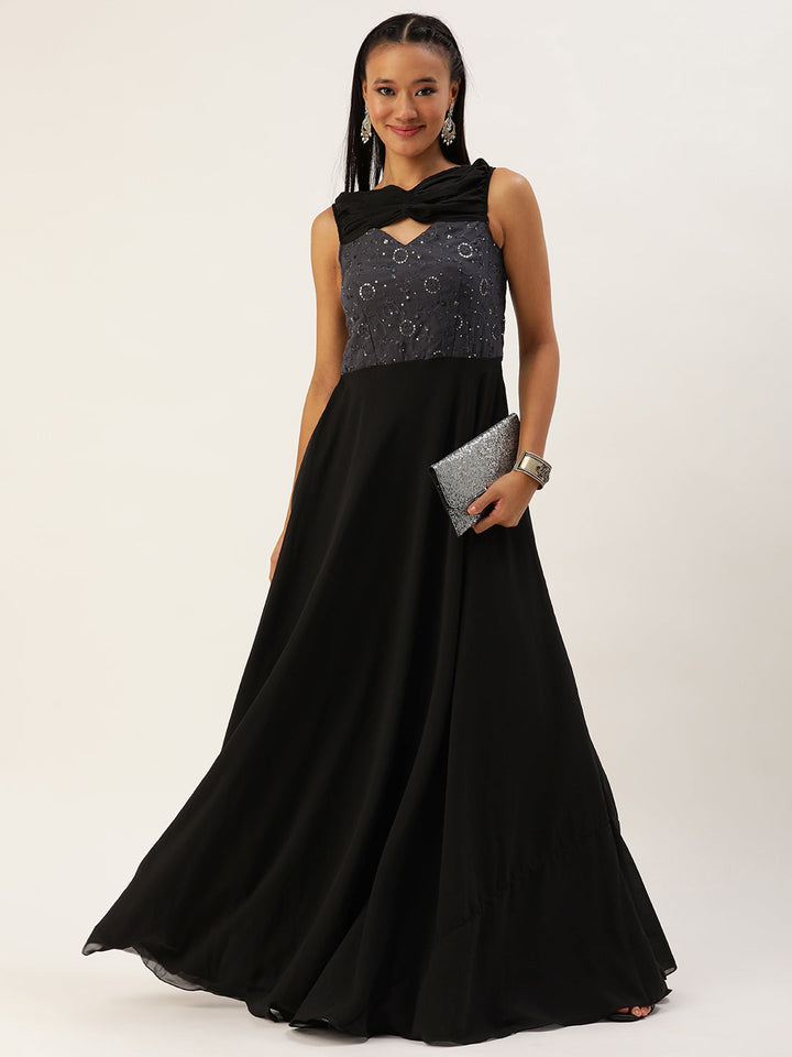 Dark Grey Embroidered & Black Twisted Drape Gown