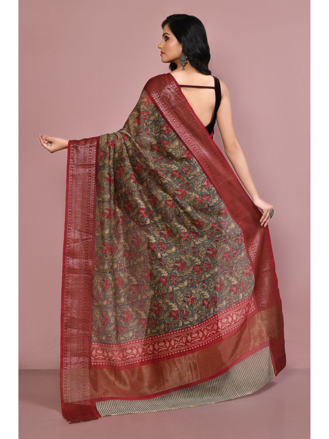 Dark Grey Floral Print Chanderi Red Border Saree
