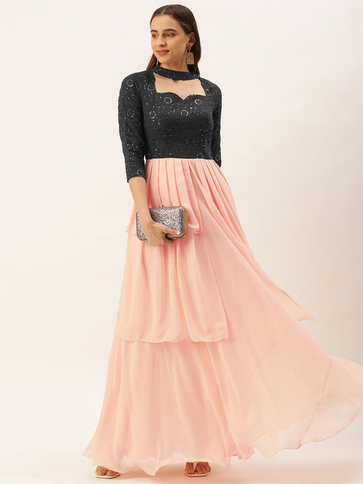 Dark-Grey-Georgette-&-Peach-Pleated-Gown
