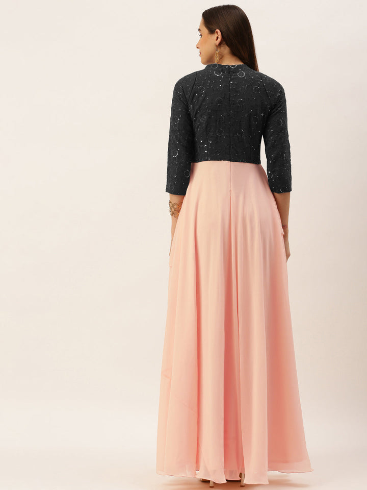 Dark-Grey-Georgette-&-Peach-Pleated-Gown