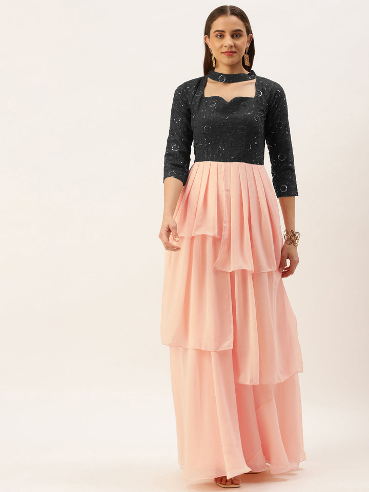 Dark-Grey-Georgette-&-Peach-Pleated-Gown
