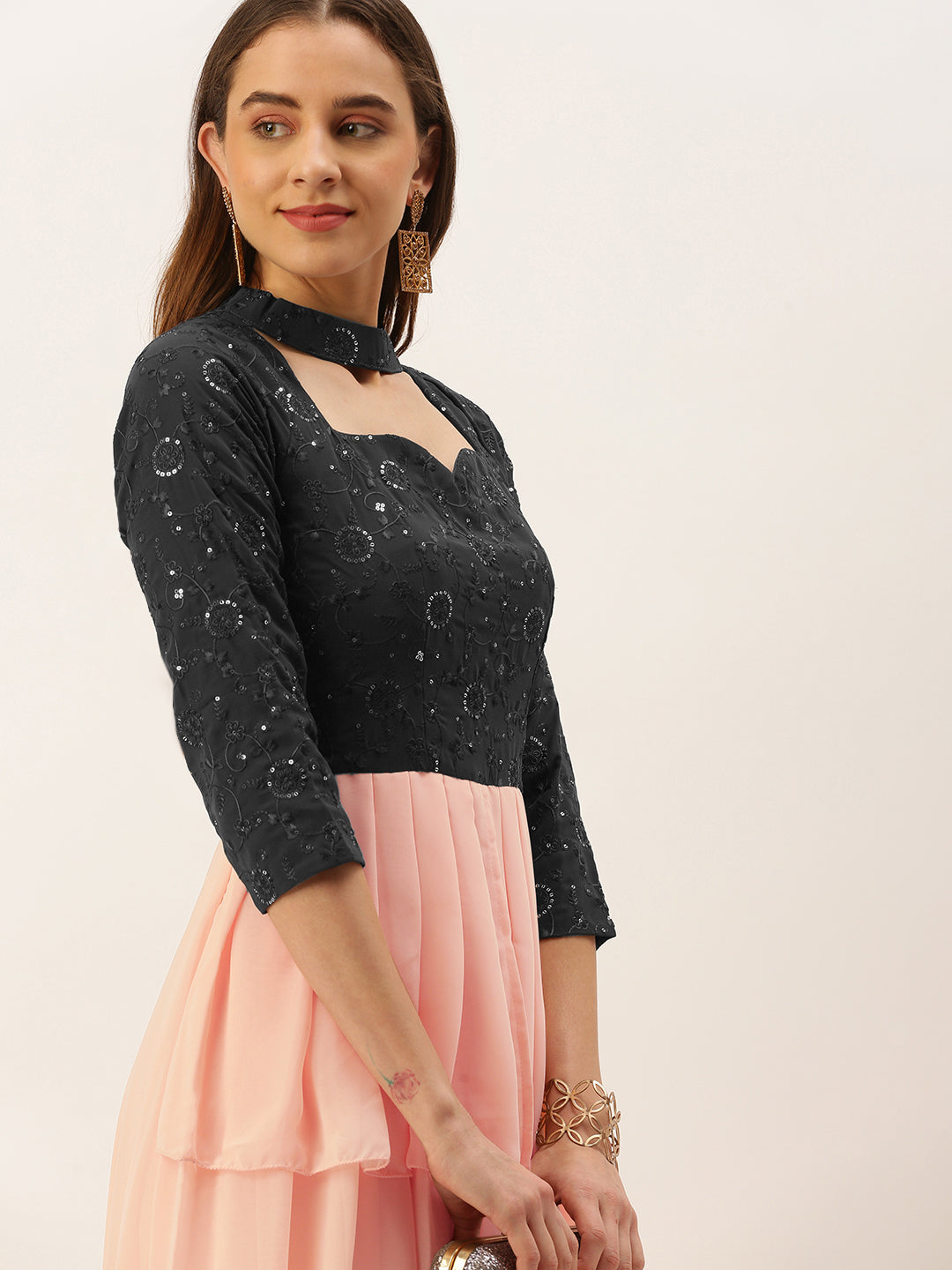 Dark-Grey-Georgette-&-Peach-Pleated-Gown