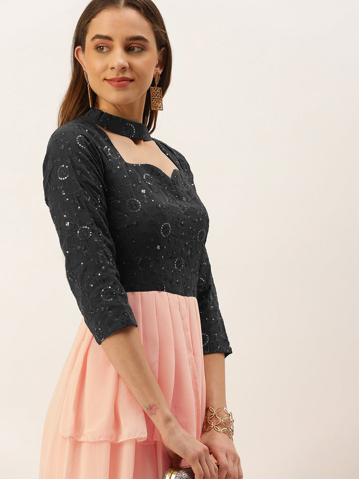 Dark-Grey-Georgette-&-Peach-Pleated-Gown