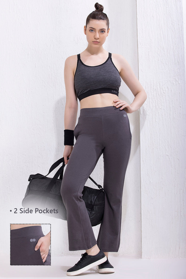 Dark Grey High-Rise Flared Yoga Pants with Side Pockets