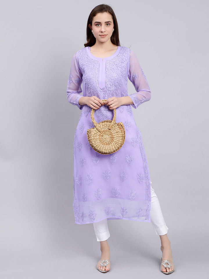 Dark Mauve Georgette Chikankari Kurti with Slip