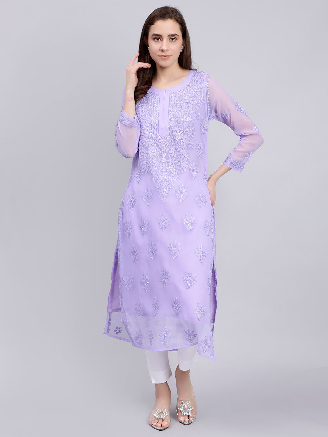 Dark Mauve Georgette Chikankari Kurti with Slip