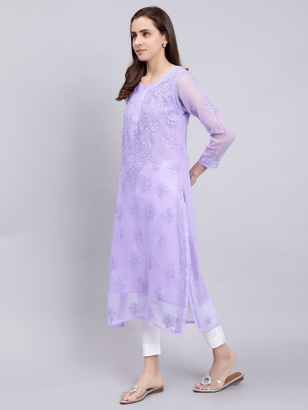 Dark Mauve Georgette Chikankari Kurti with Slip