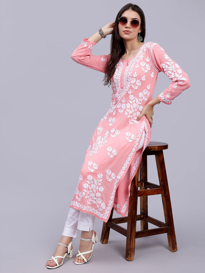 Dark Peach Modal Handwoven Chikankari Kurti