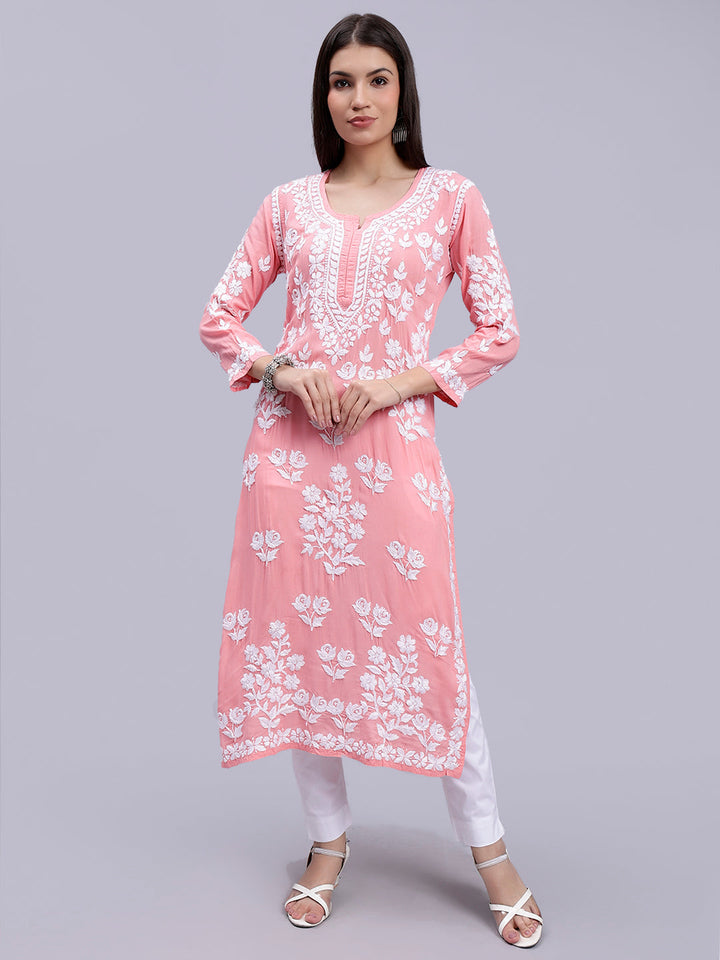 Dark Peach Modal Handwoven Chikankari Kurti