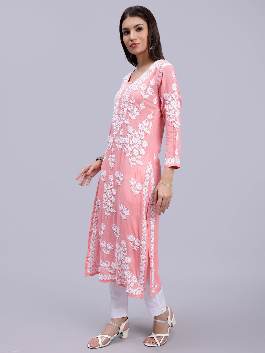 Dark Peach Modal Handwoven Chikankari Kurti