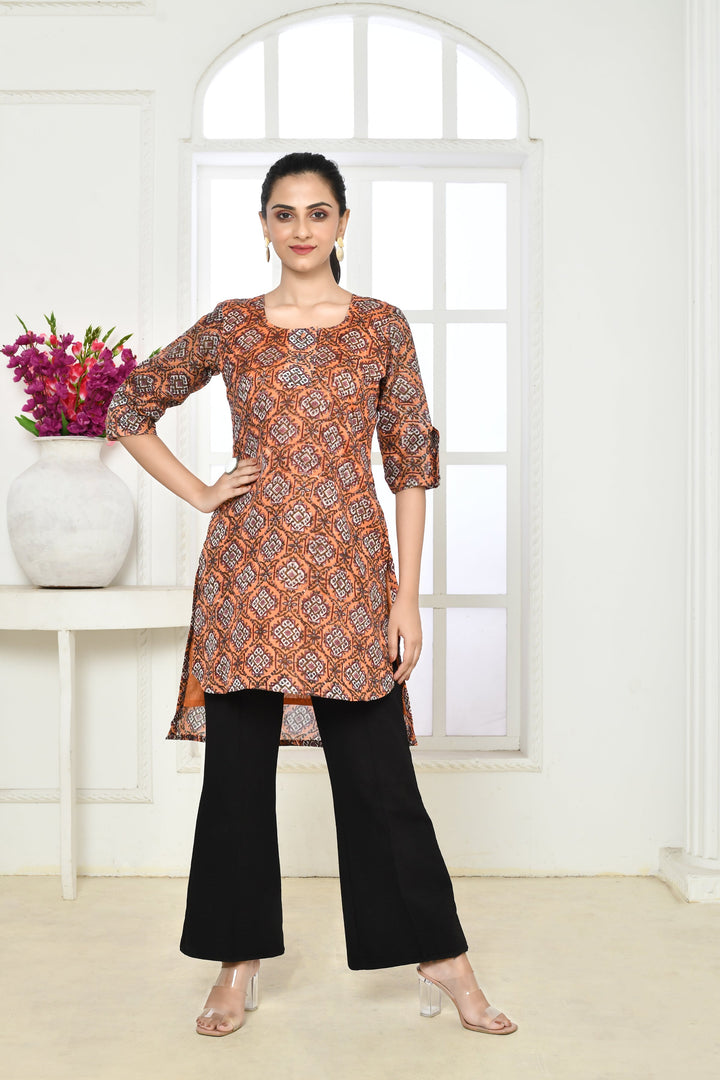 Dark Peach & Black Chanderi Silk Sleeveless Tunic Top