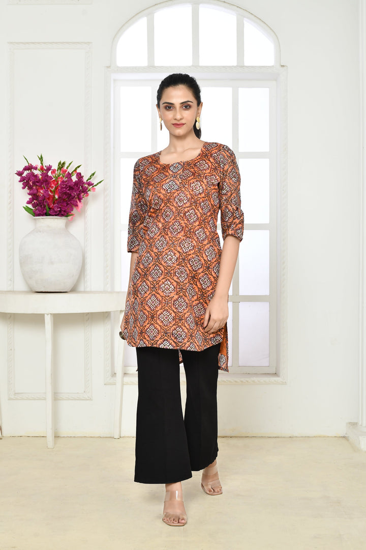 Dark Peach & Black Chanderi Silk Sleeveless Tunic Top