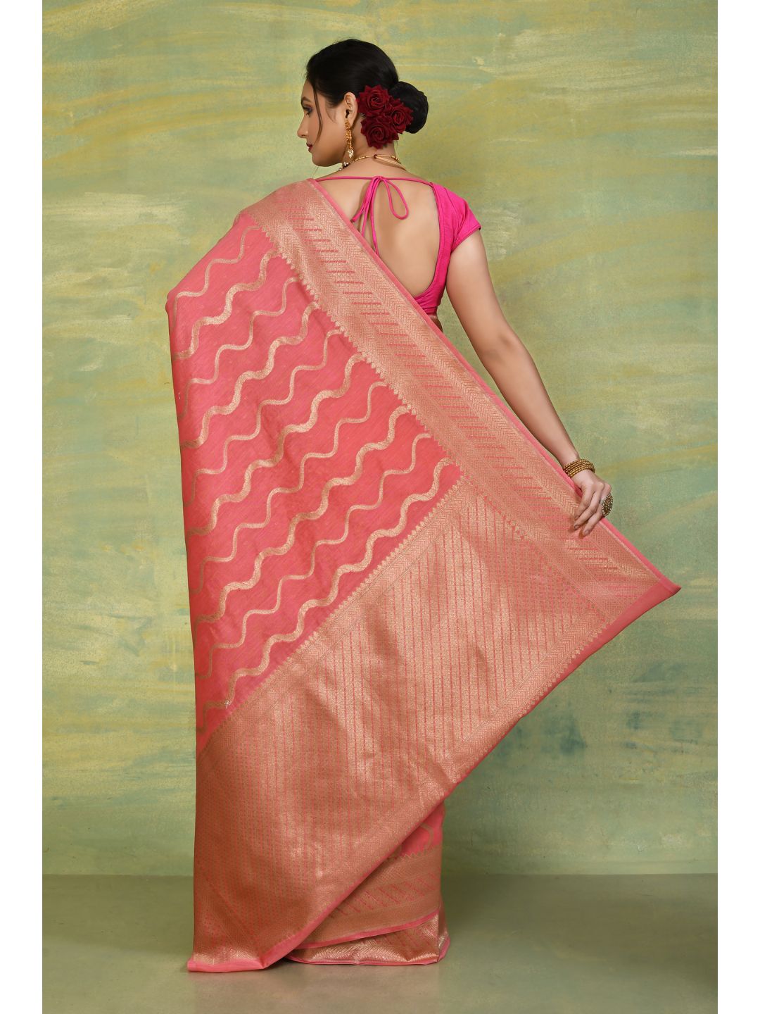 Dark Peach & Gold Munga Muslin Banarasi Saree
