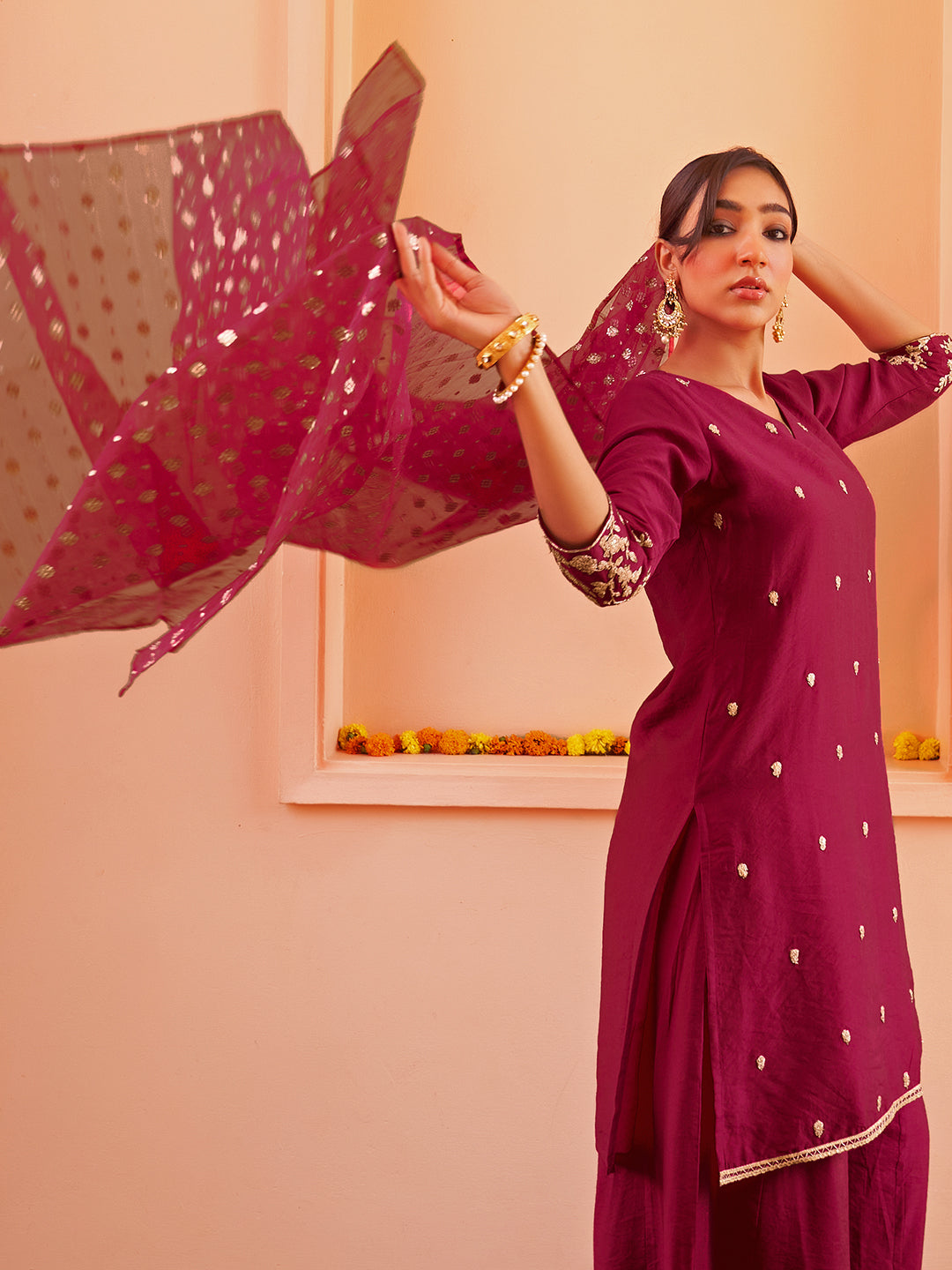 Dark Pink Chanderi Embellished 3-Piece Kurta Set