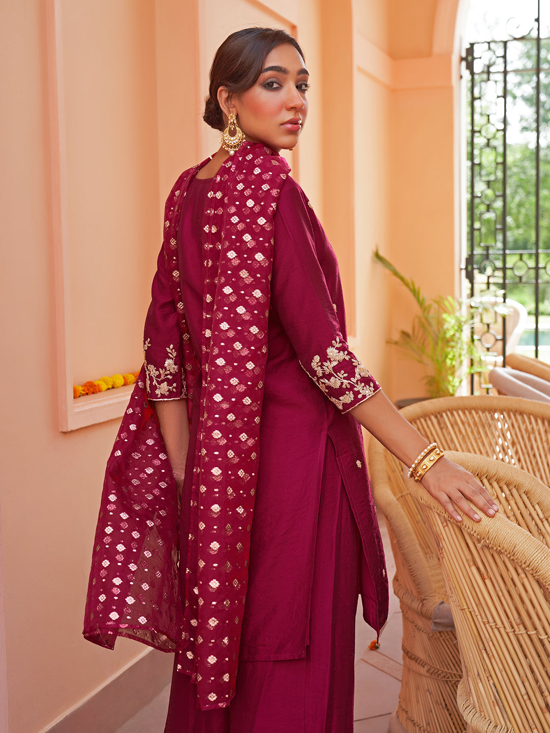 Dark Pink Chanderi Embellished 3-Piece Kurta Set