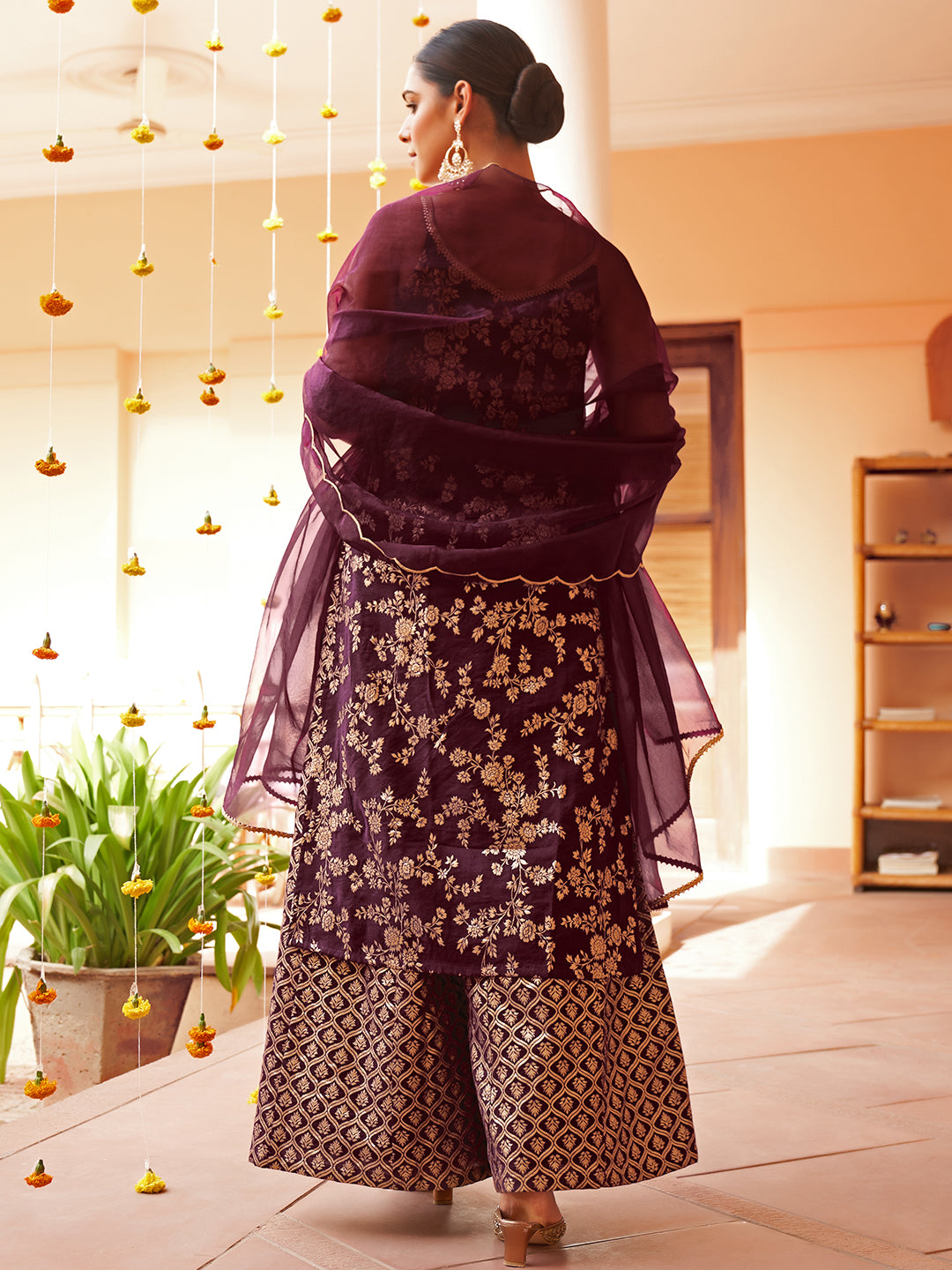 Dark Purple Brocade Woven Design Sleeveless Kurta Set