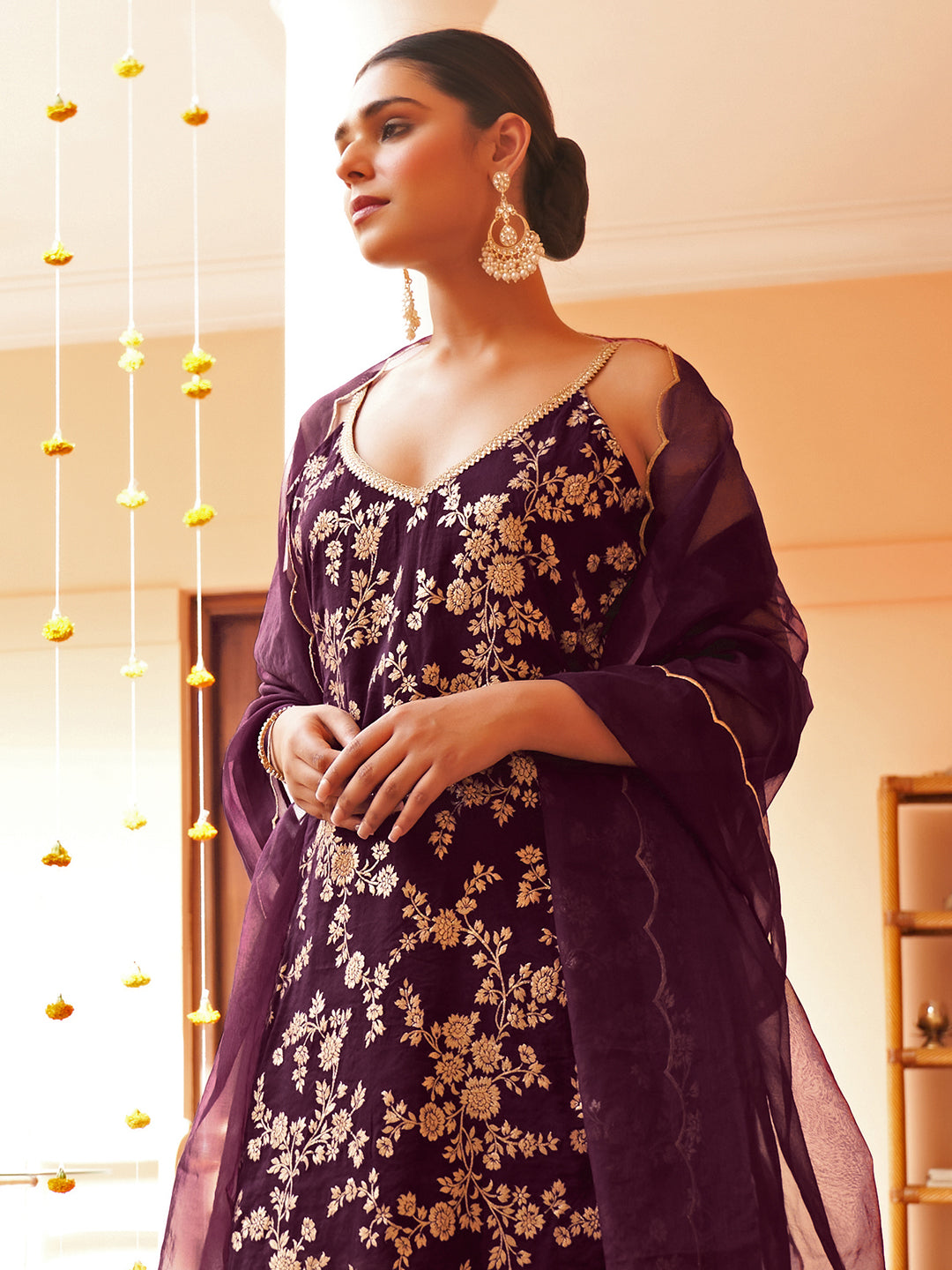 Dark Purple Brocade Woven Design Sleeveless Kurta Set