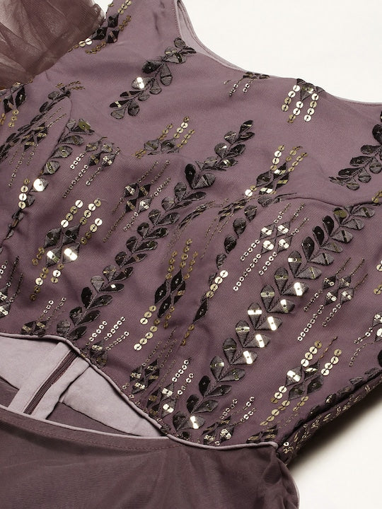 Dark Purple Georgette Sequined Boat Neck Gown