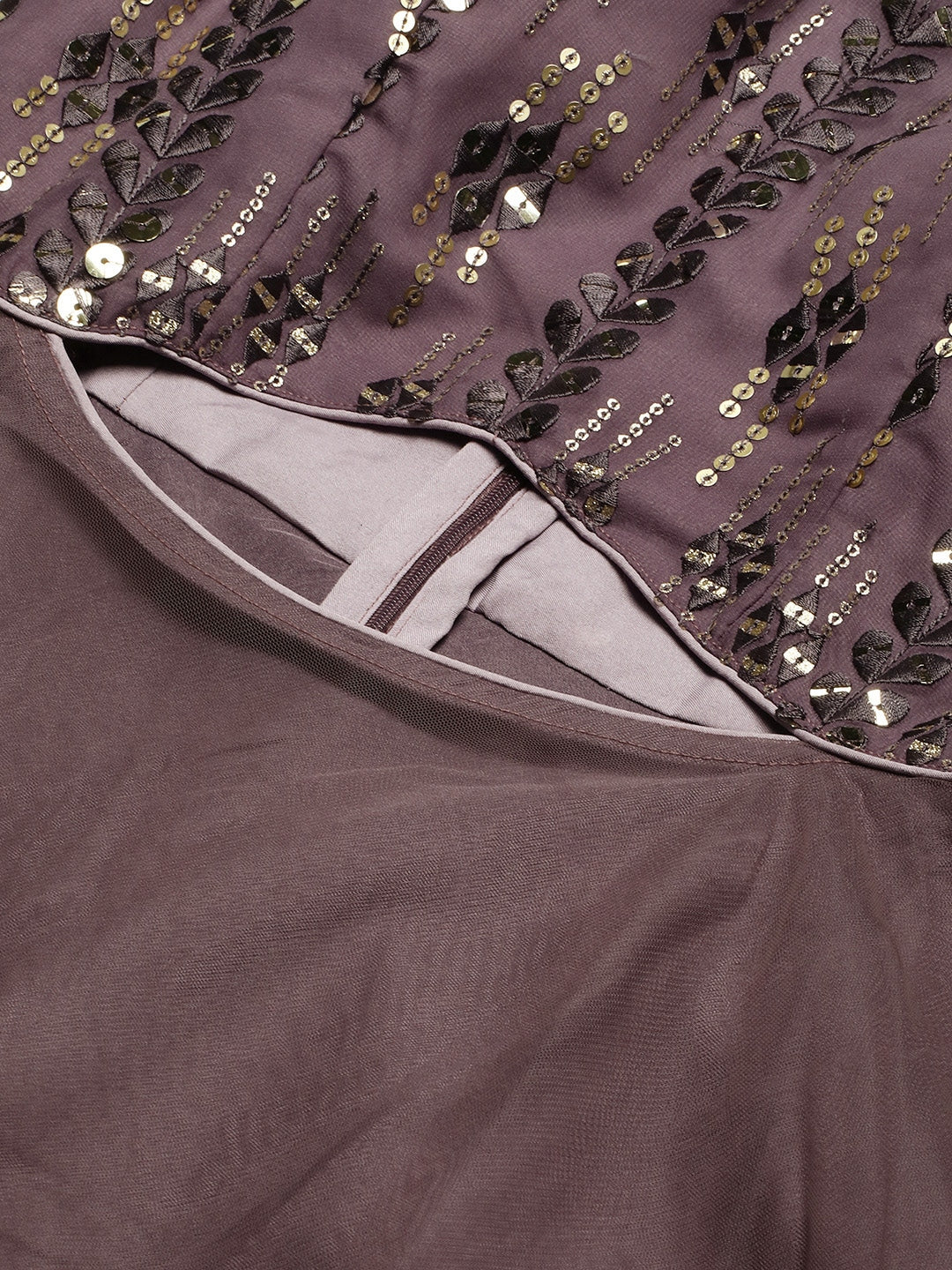 Dark Purple Georgette Sequined Boat Neck Gown