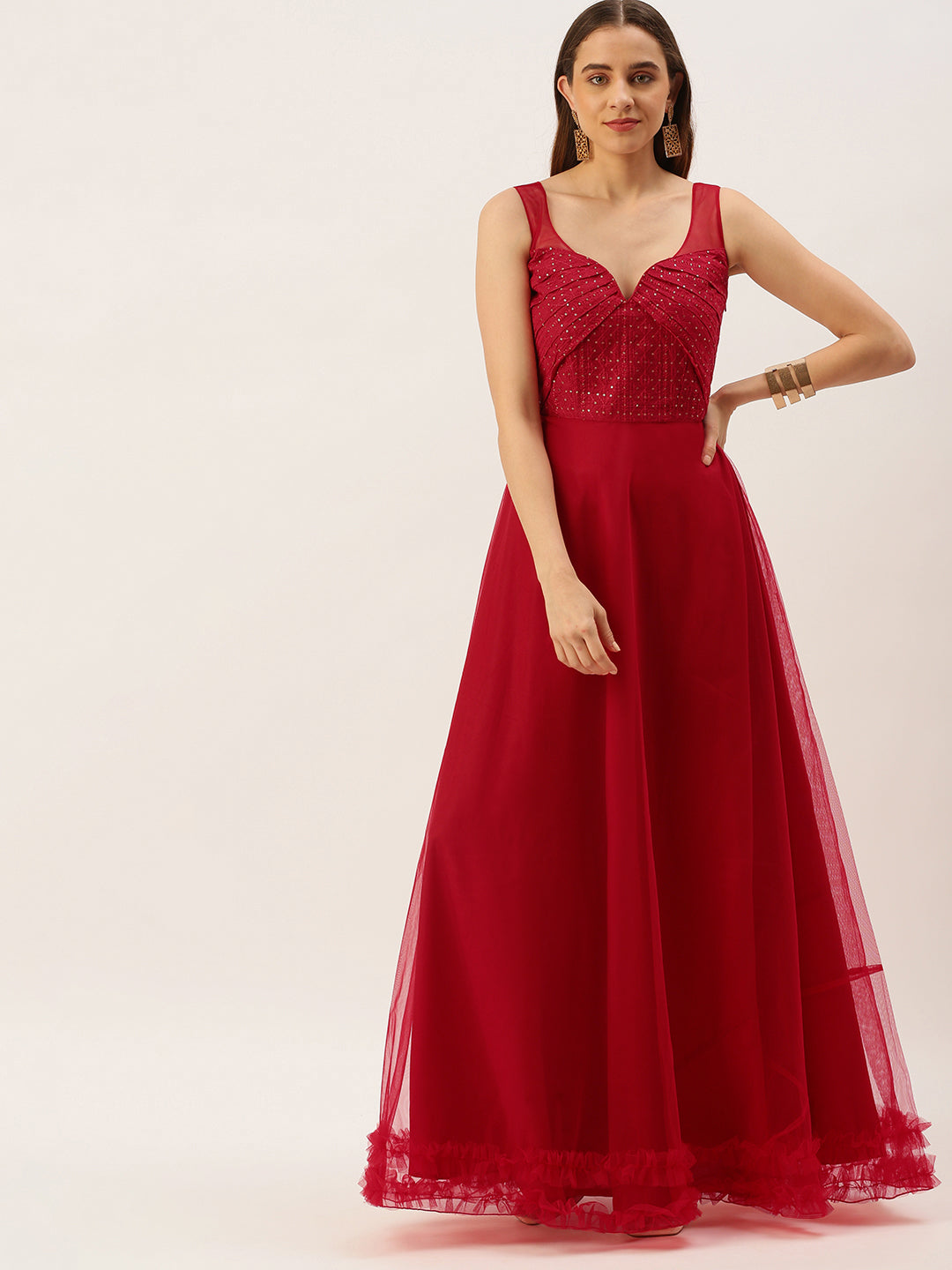 Dark-Red-Georgette-Sequins-Embroidered-Gown