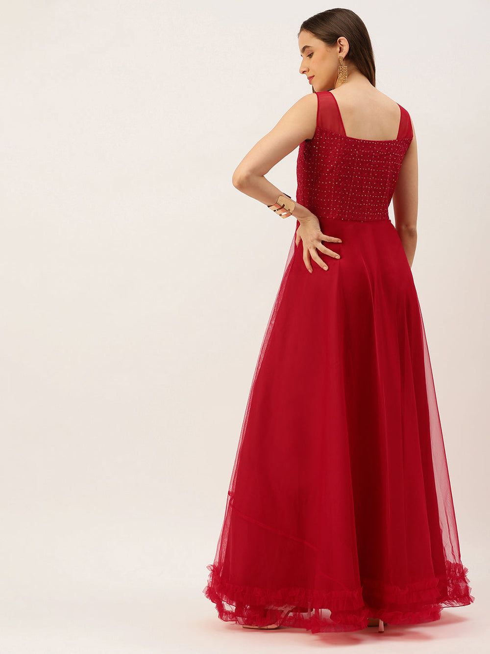 Dark-Red-Georgette-Sequins-Embroidered-Gown