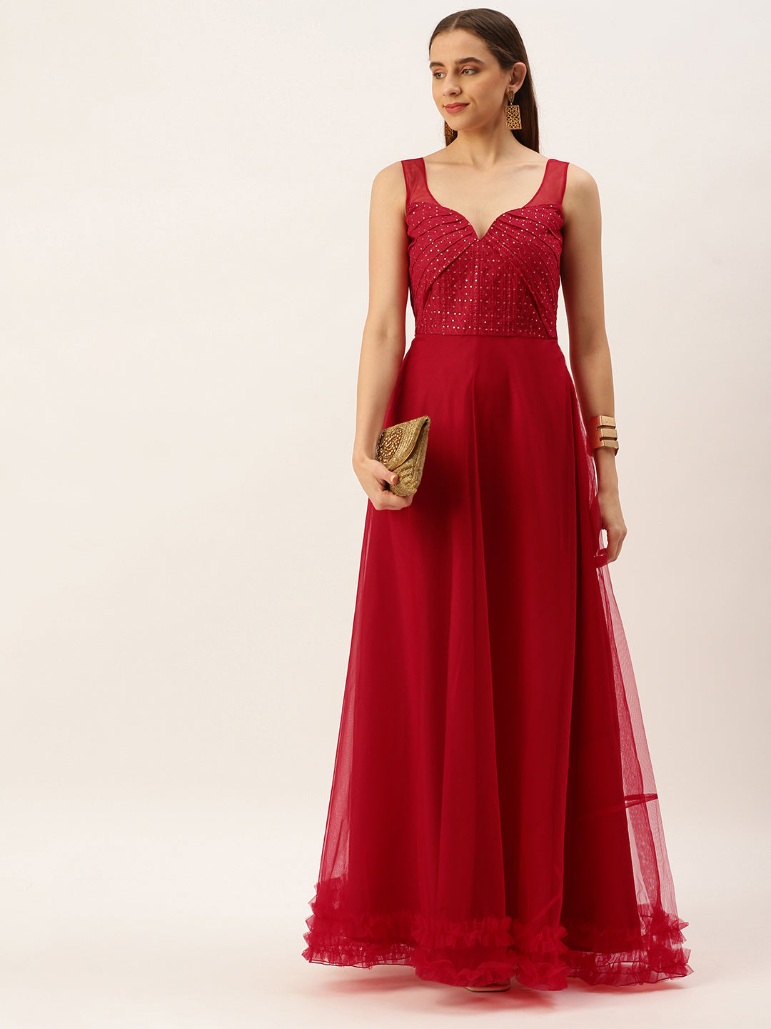 Dark-Red-Georgette-Sequins-Embroidered-Gown