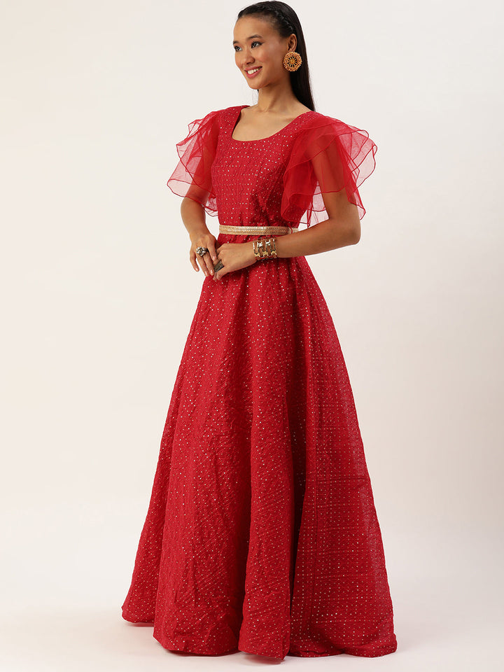 Dark Red Sequined Gown with Large Flirty Sleeves