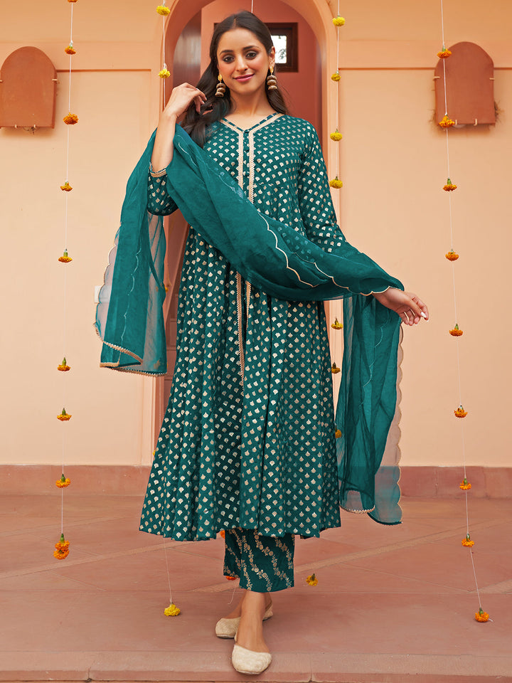 Dark Teal Brocade Woven Design 3-Piece Kurta Set