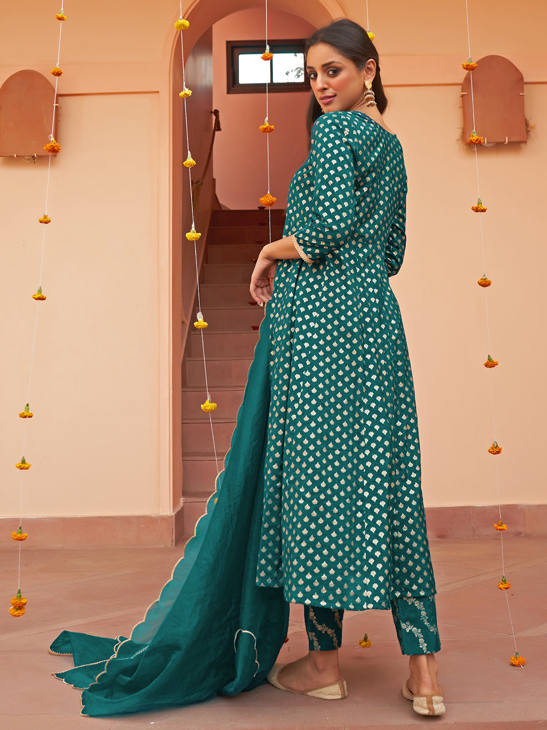 Dark Teal Brocade Woven Design 3-Piece Kurta Set