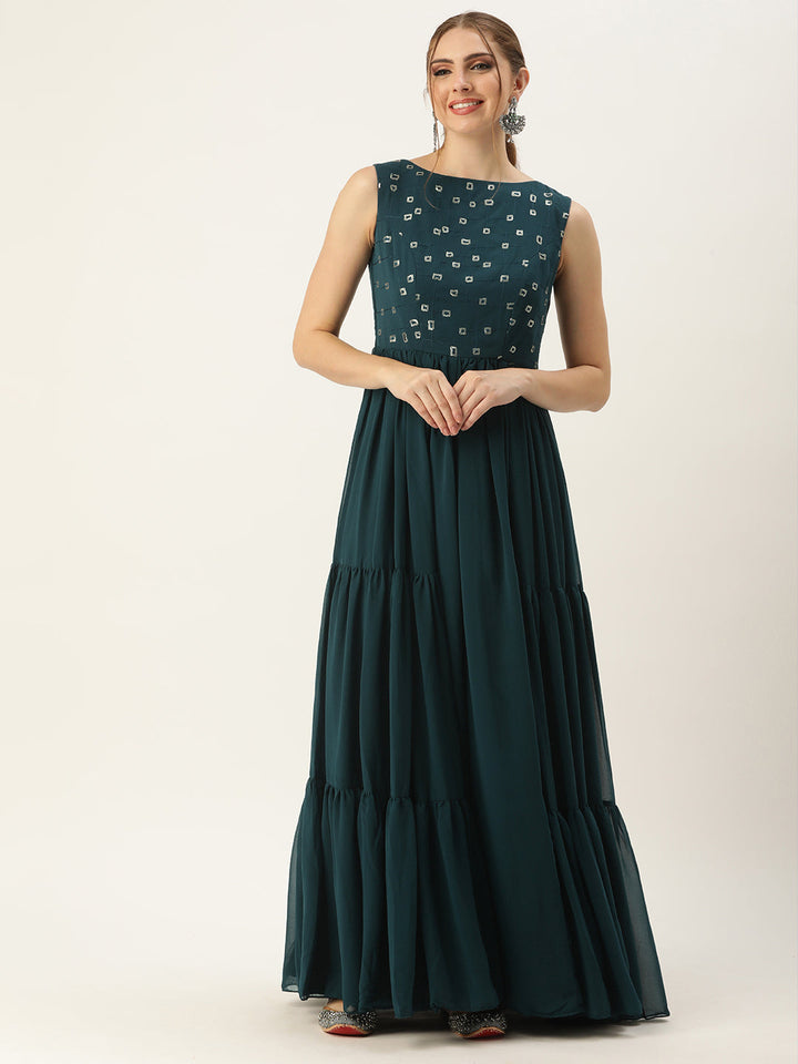 Dark Teal Green Embroidered Bodice Georgette Dress