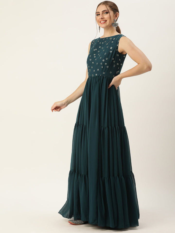 Dark Teal Green Embroidered Bodice Georgette Dress