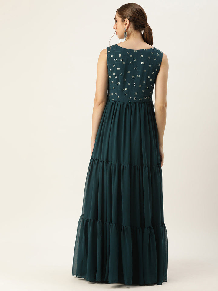 Dark Teal Green Embroidered Bodice Georgette Dress