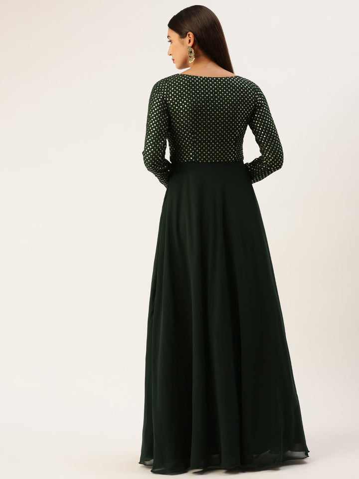 Darkest Green Full Sleeve Gown with Sequin Bodice